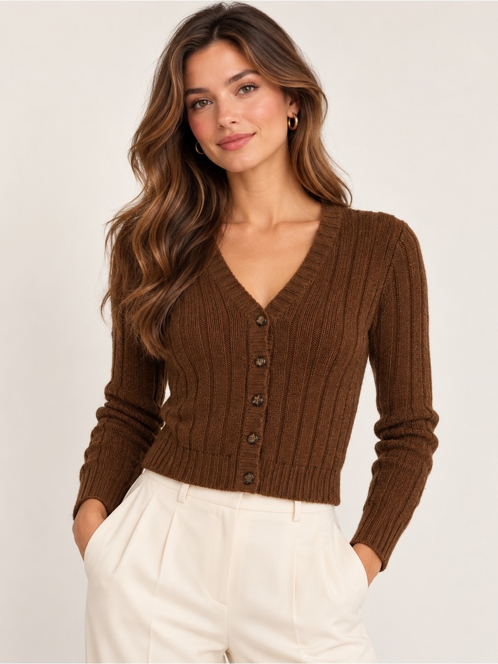 Moda International Silk Angora Brown Ribbed Cardigan Sweater Size S